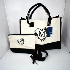 YOOLIFE Initial Canvas Tote Bag & Makeup Bag Set  Monogram “M” NWT